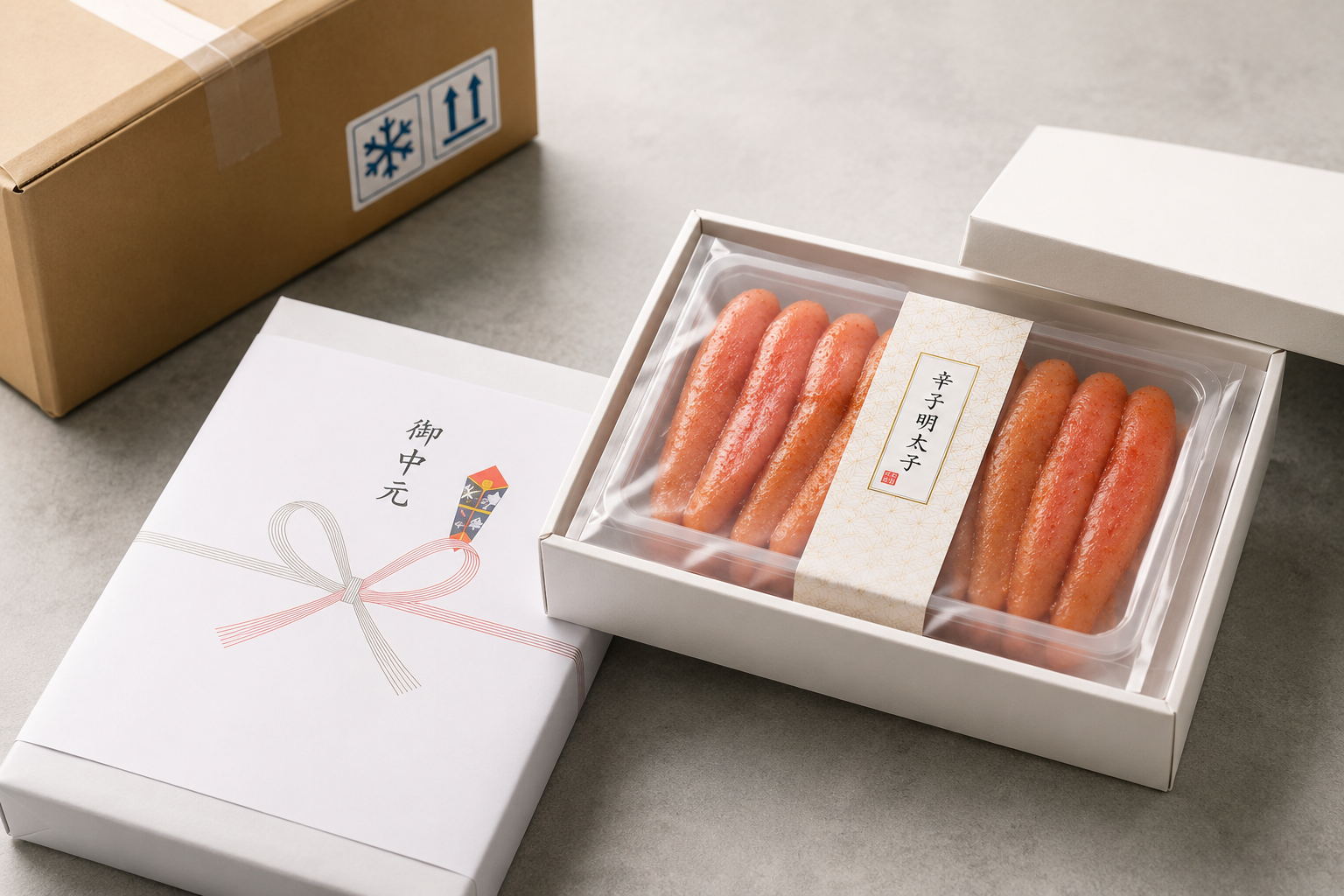 明太子のギフト商品に熨斗をかけて出荷準備をしている手元